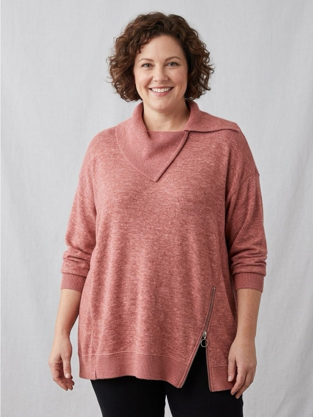 DEMOCRACY Dusty Rose Pink Asymmetric Cowl Neck Zipper Sweater - 1X